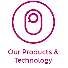 Pink ostomy bag icon with the words 'Our Products & Technology' below it.