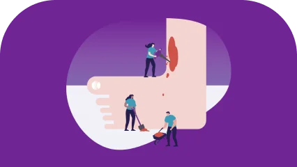 Grafische Darstellung eines Fußes mit einer Wunde, die symbolisch von drei Personen „repariert“ wird.